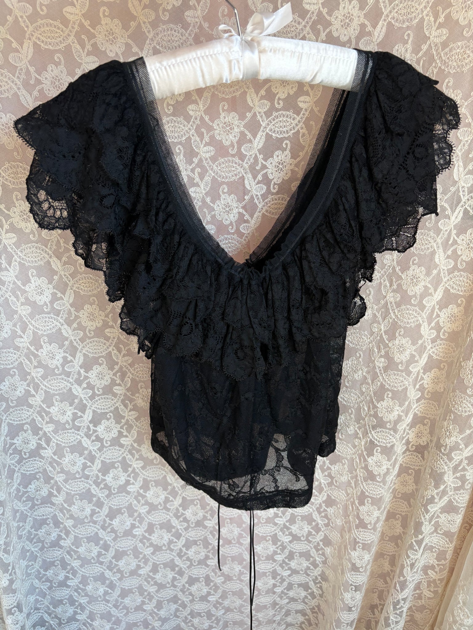 1970s Lace Black Blouse Ruffle Sleeves Peplum