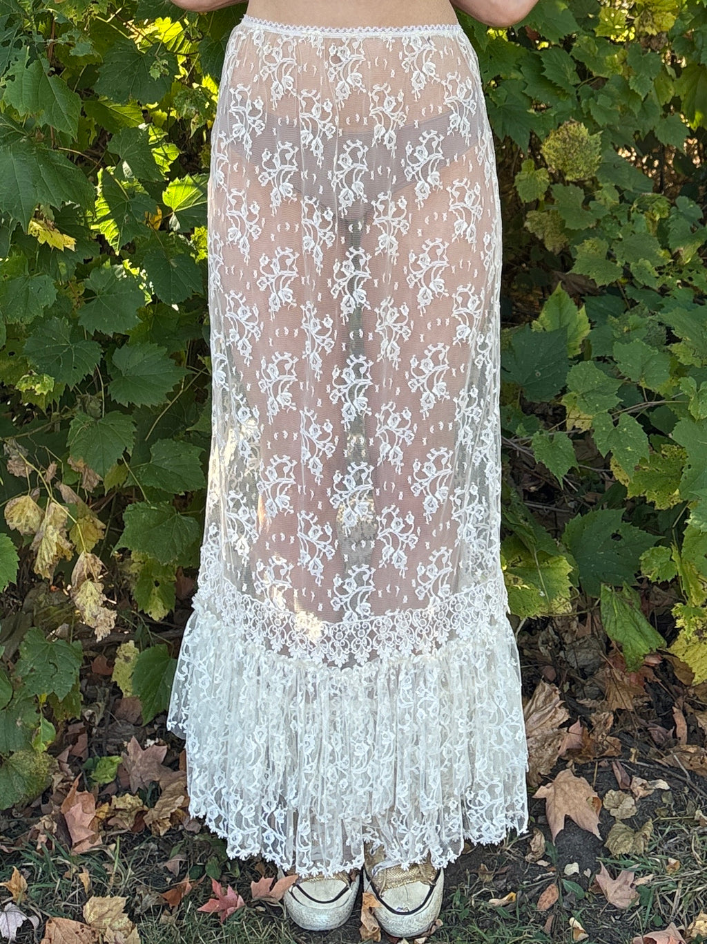 1980s White Floral Lace Tiered Skirt