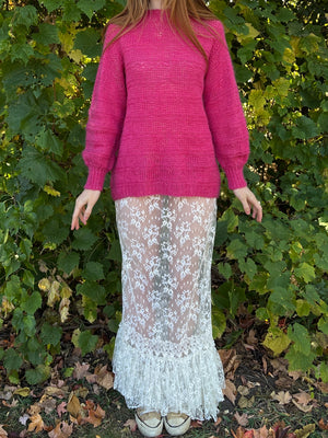 1980s Hot Pink Fuschia Mohair Wool Knit Sweater Pullover Balloon Sleeves