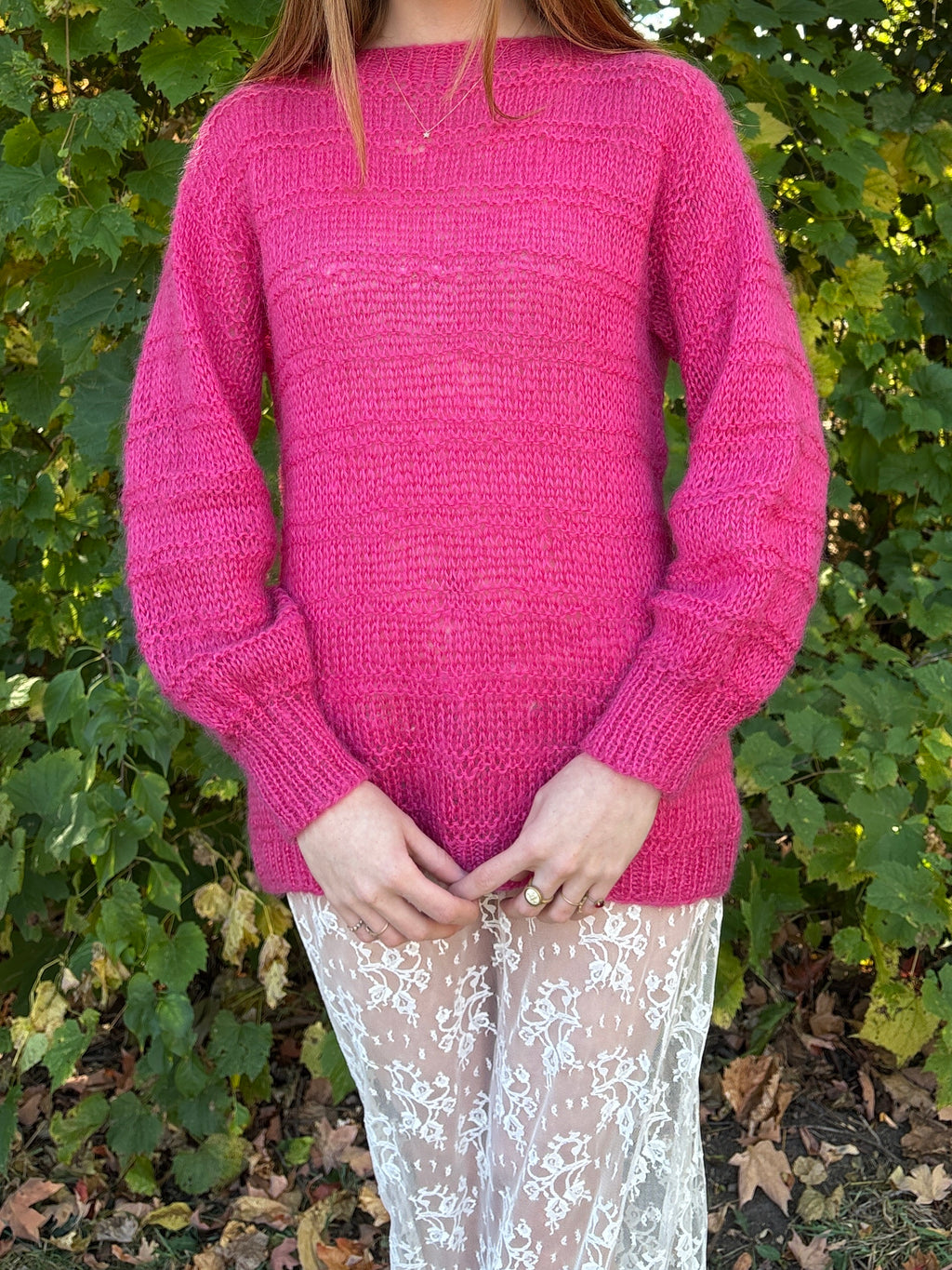 1980s Hot Pink Fuschia Mohair Wool Knit Sweater Pullover Balloon Sleeves