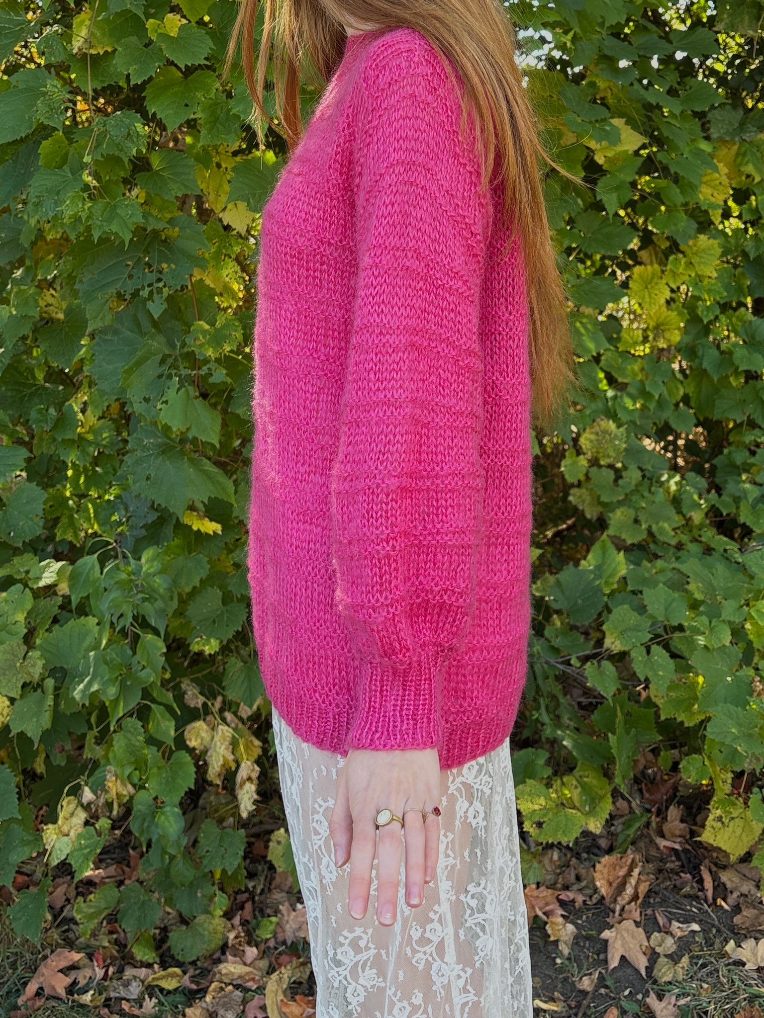 1980s Hot Pink Fuschia Mohair Wool Knit Sweater Pullover Balloon Sleeves