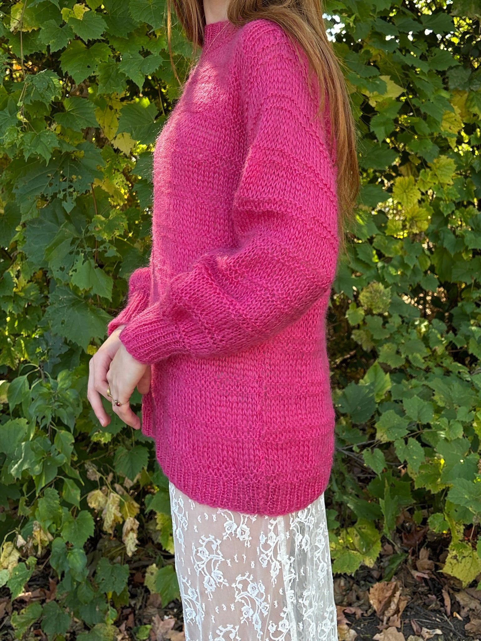 1980s Hot Pink Fuschia Mohair Wool Knit Sweater Pullover Balloon Sleeves