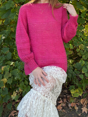 1980s Hot Pink Fuschia Mohair Wool Knit Sweater Pullover Balloon Sleeves