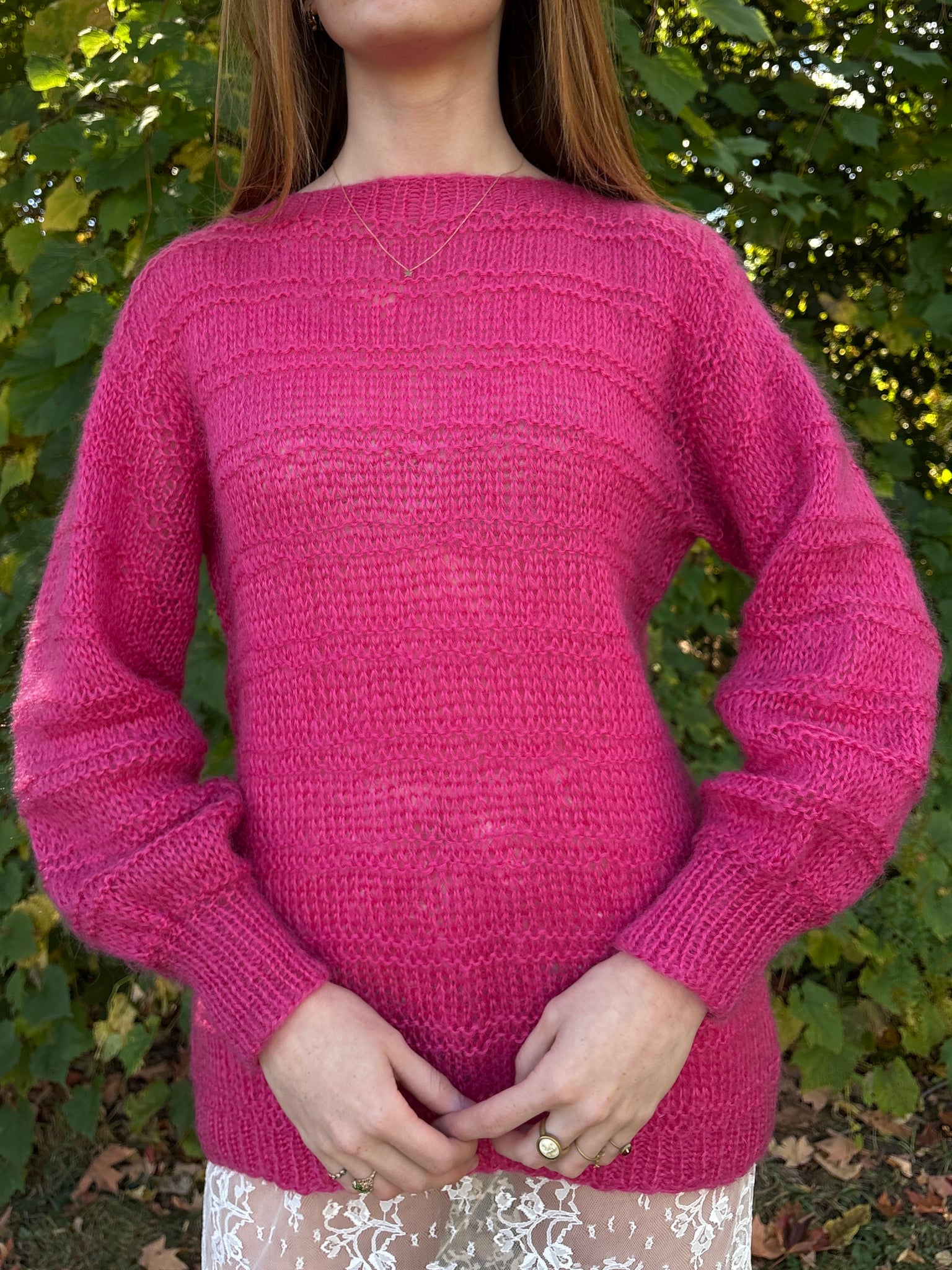 1980s Hot Pink Fuschia Mohair Wool Knit Sweater Pullover Balloon Sleeves