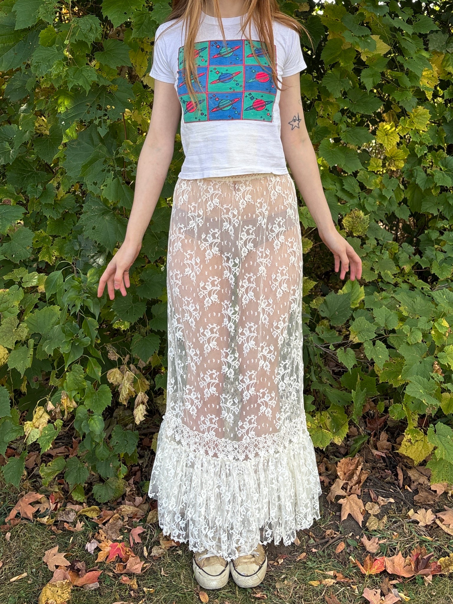 1980s White Floral Lace Tiered Skirt