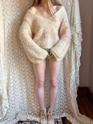 1980s Cream Rainbow Fuzzy Mohair Wool Knit Sweater Pullover Balloon Sleeves