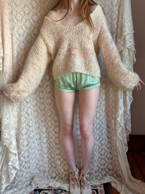 1980s Cream Rainbow Fuzzy Mohair Wool Knit Sweater Pullover Balloon Sleeves