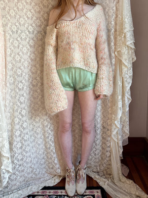 1980s Cream Rainbow Fuzzy Mohair Wool Knit Sweater Pullover Balloon Sleeves