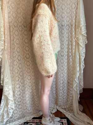 1980s Cream Rainbow Fuzzy Mohair Wool Knit Sweater Pullover Balloon Sleeves