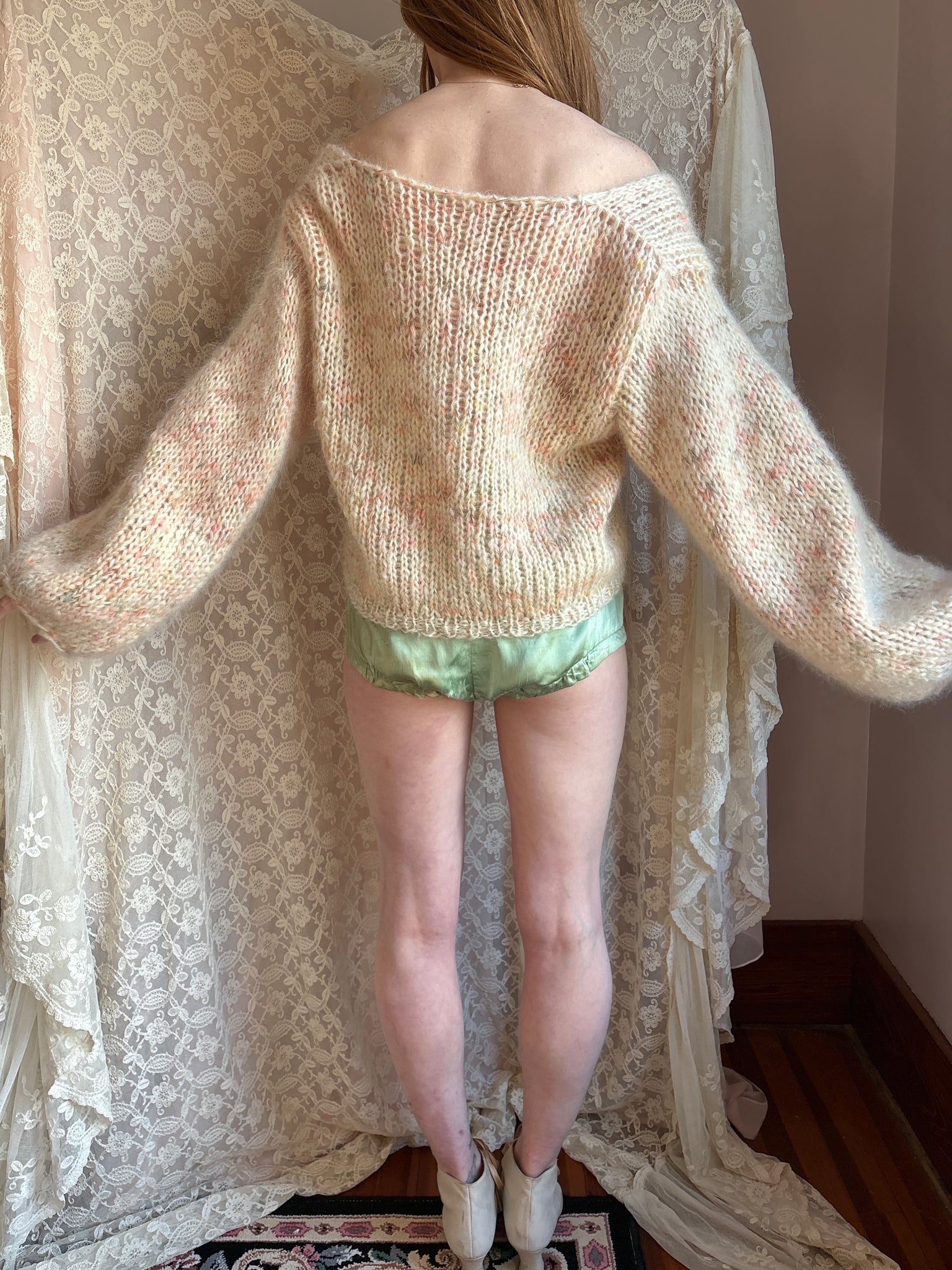 1980s Cream Rainbow Fuzzy Mohair Wool Knit Sweater Pullover Balloon Sleeves