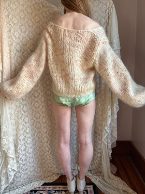 1980s Cream Rainbow Fuzzy Mohair Wool Knit Sweater Pullover Balloon Sleeves