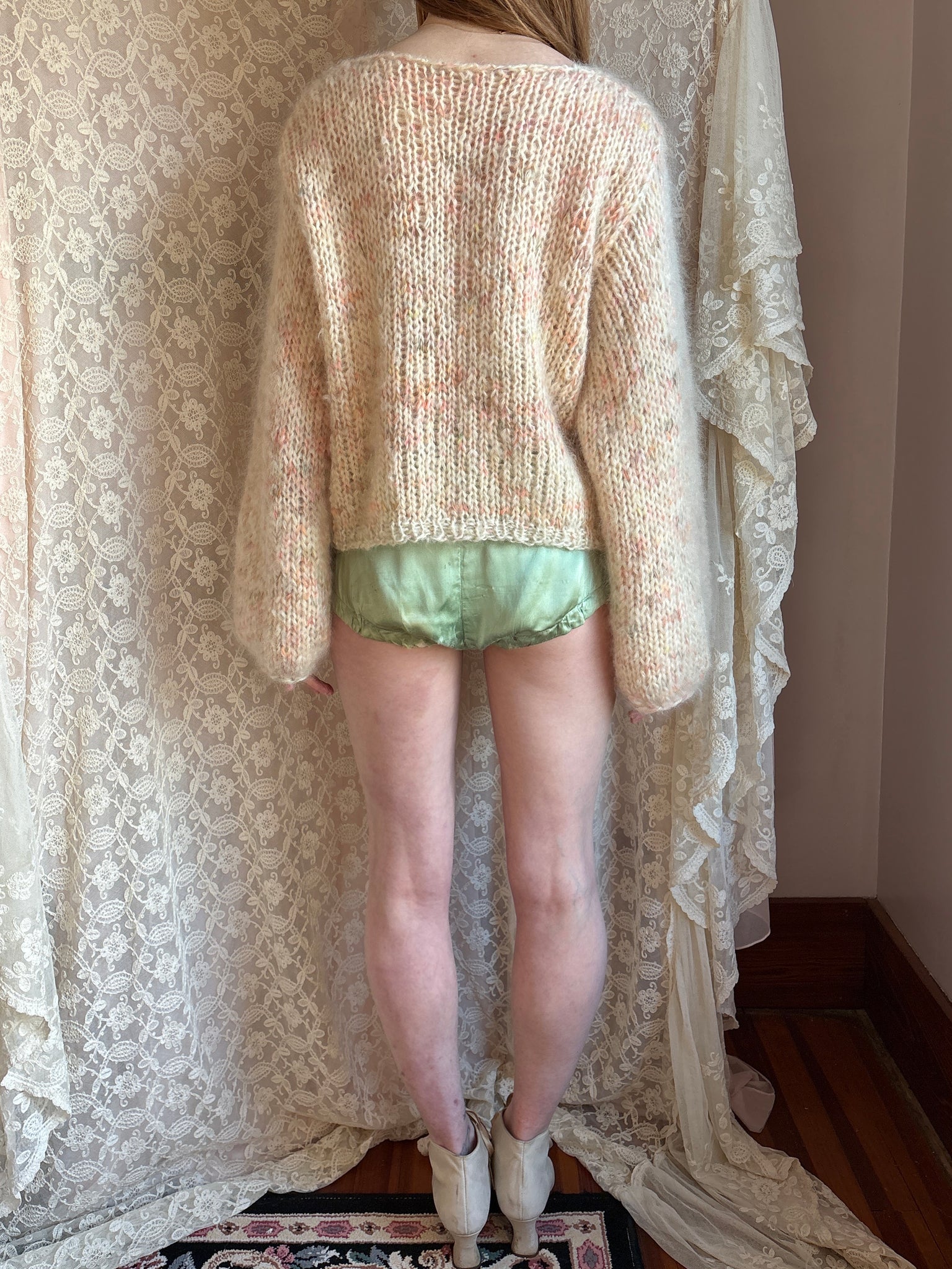 1980s Cream Rainbow Fuzzy Mohair Wool Knit Sweater Pullover Balloon Sleeves