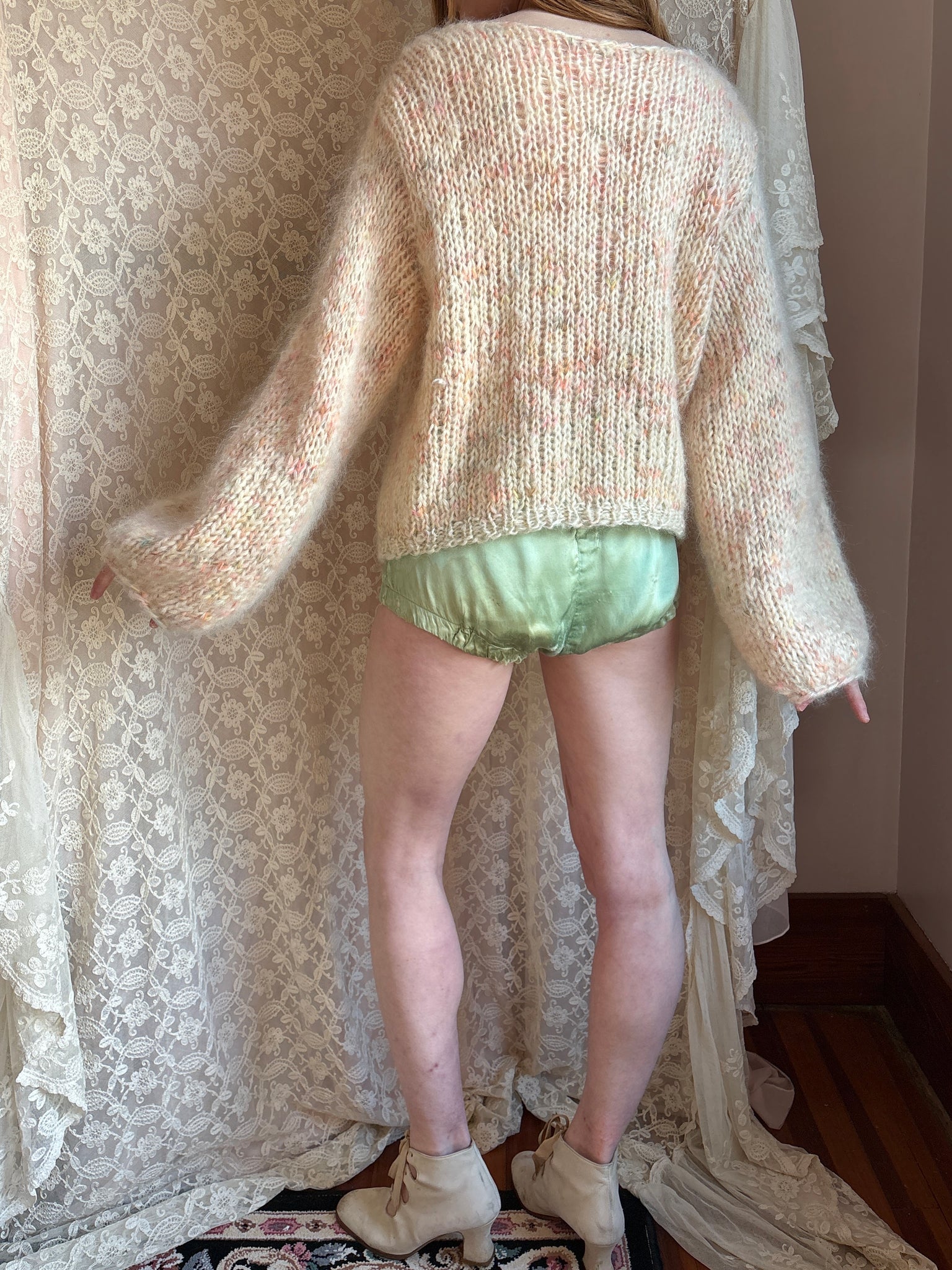 1980s Cream Rainbow Fuzzy Mohair Wool Knit Sweater Pullover Balloon Sleeves