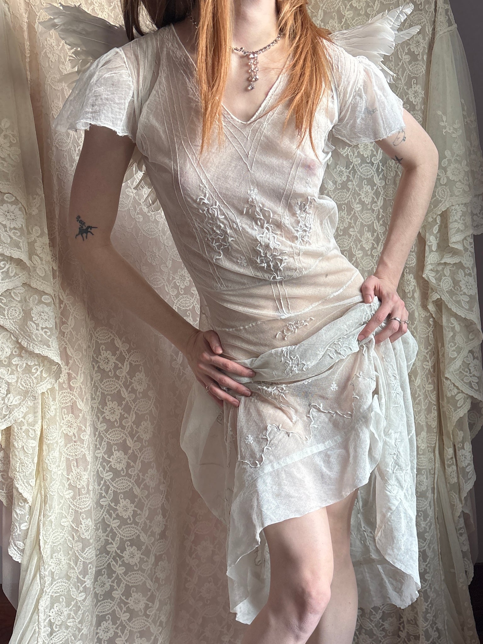 1920s White Embroidered Net Mesh Snow Flake Dress