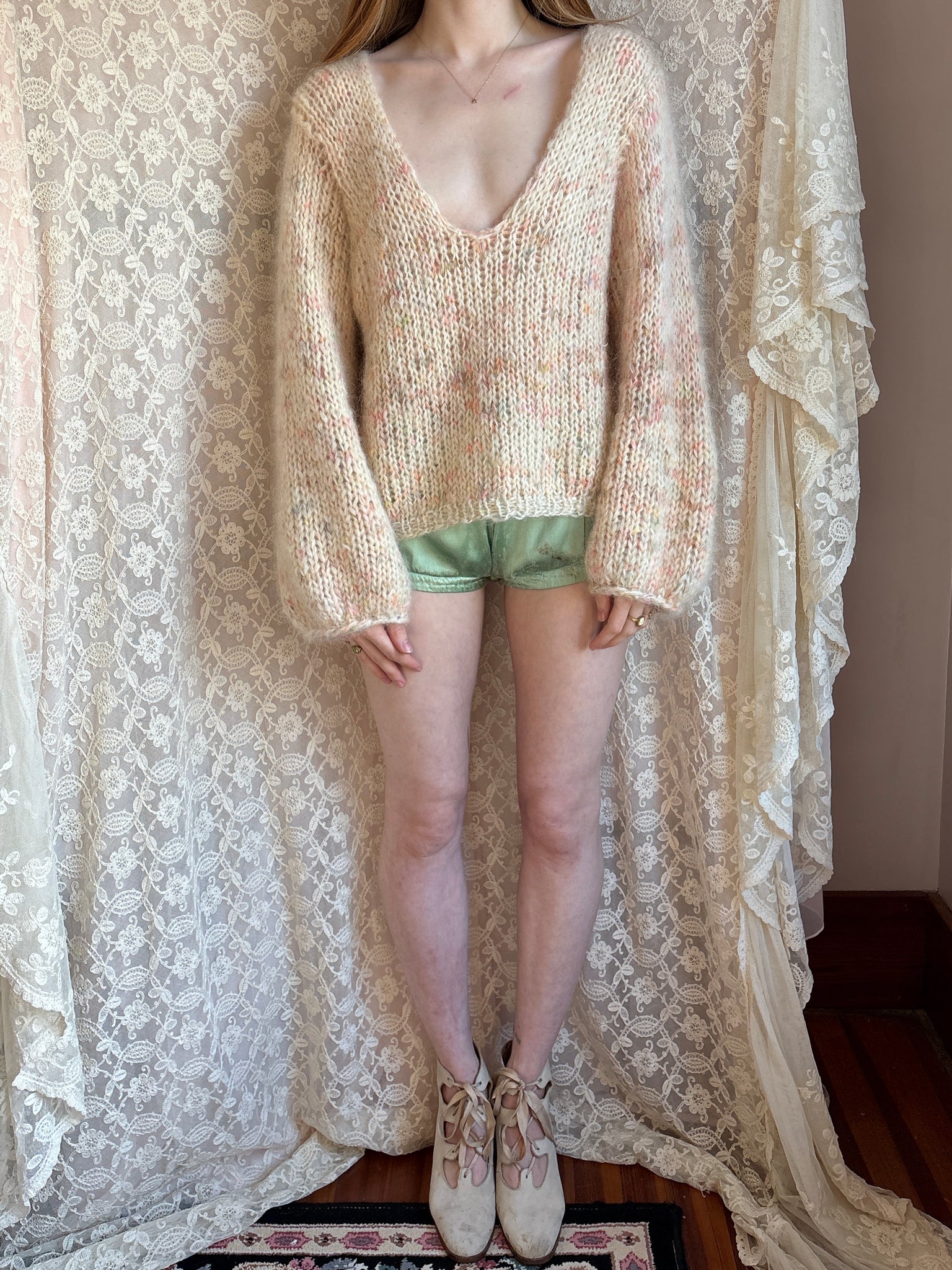 1980s Cream Rainbow Fuzzy Mohair Wool Knit Sweater Pullover Balloon Sleeves