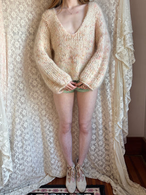 1980s Cream Rainbow Fuzzy Mohair Wool Knit Sweater Pullover Balloon Sleeves