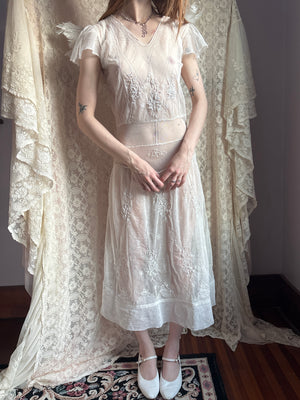 1920s White Embroidered Net Mesh Snow Flake Dress