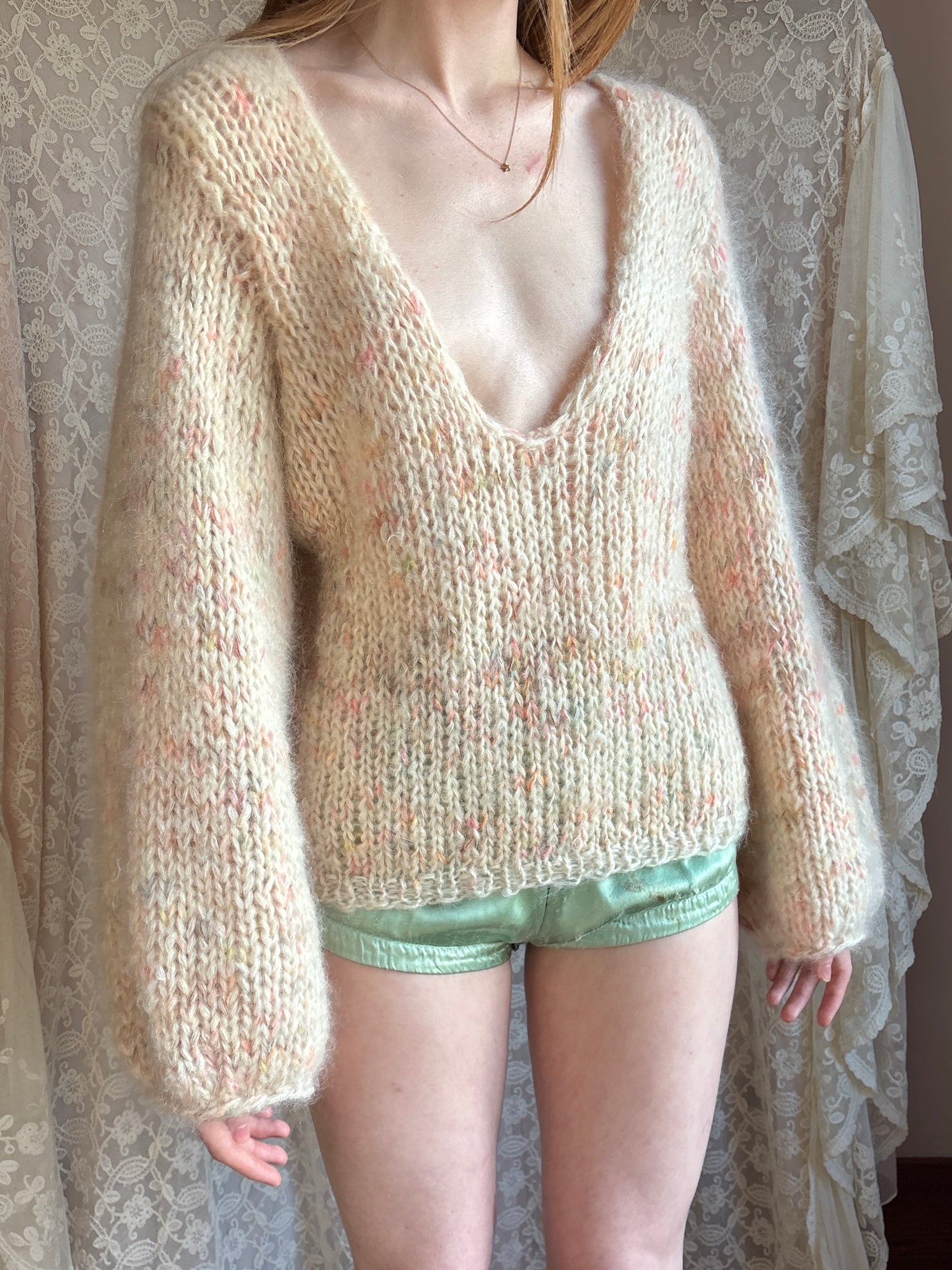 1980s Cream Rainbow Fuzzy Mohair Wool Knit Sweater Pullover Balloon Sleeves