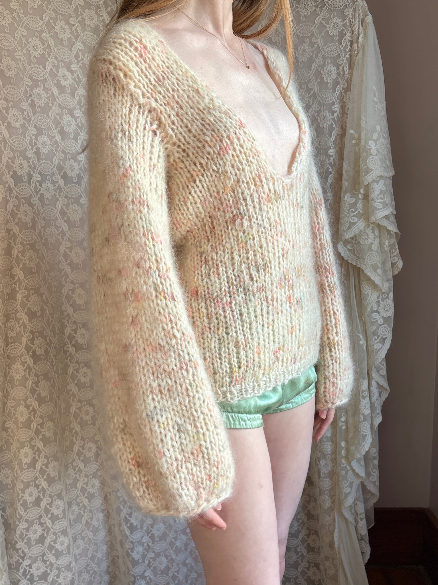 1980s Cream Rainbow Fuzzy Mohair Wool Knit Sweater Pullover Balloon Sleeves