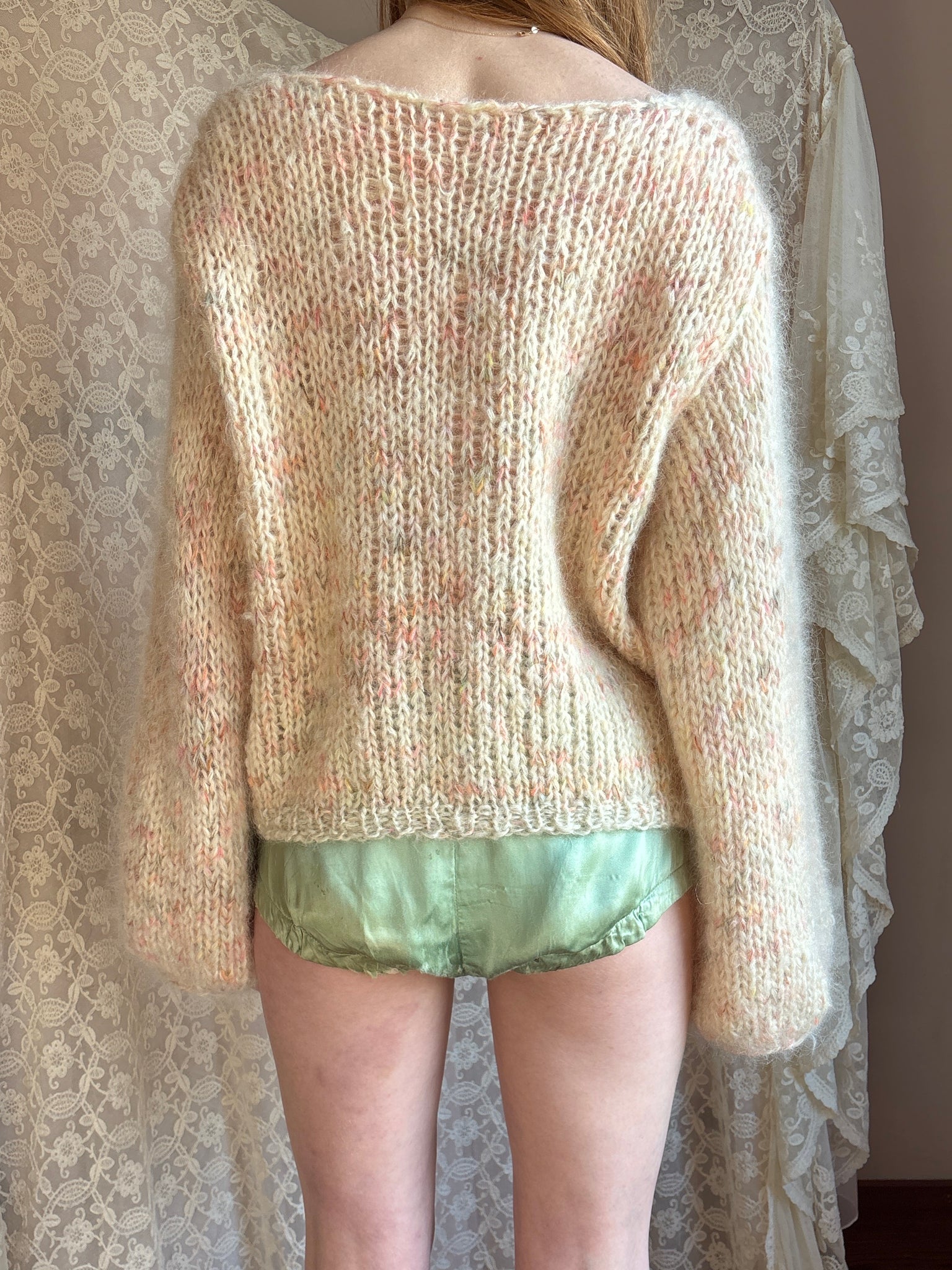 1980s Cream Rainbow Fuzzy Mohair Wool Knit Sweater Pullover Balloon Sleeves