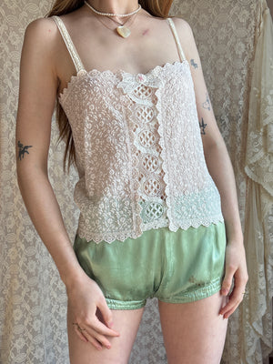 1970s Pink White Lace Tank Top Ribbon Bow