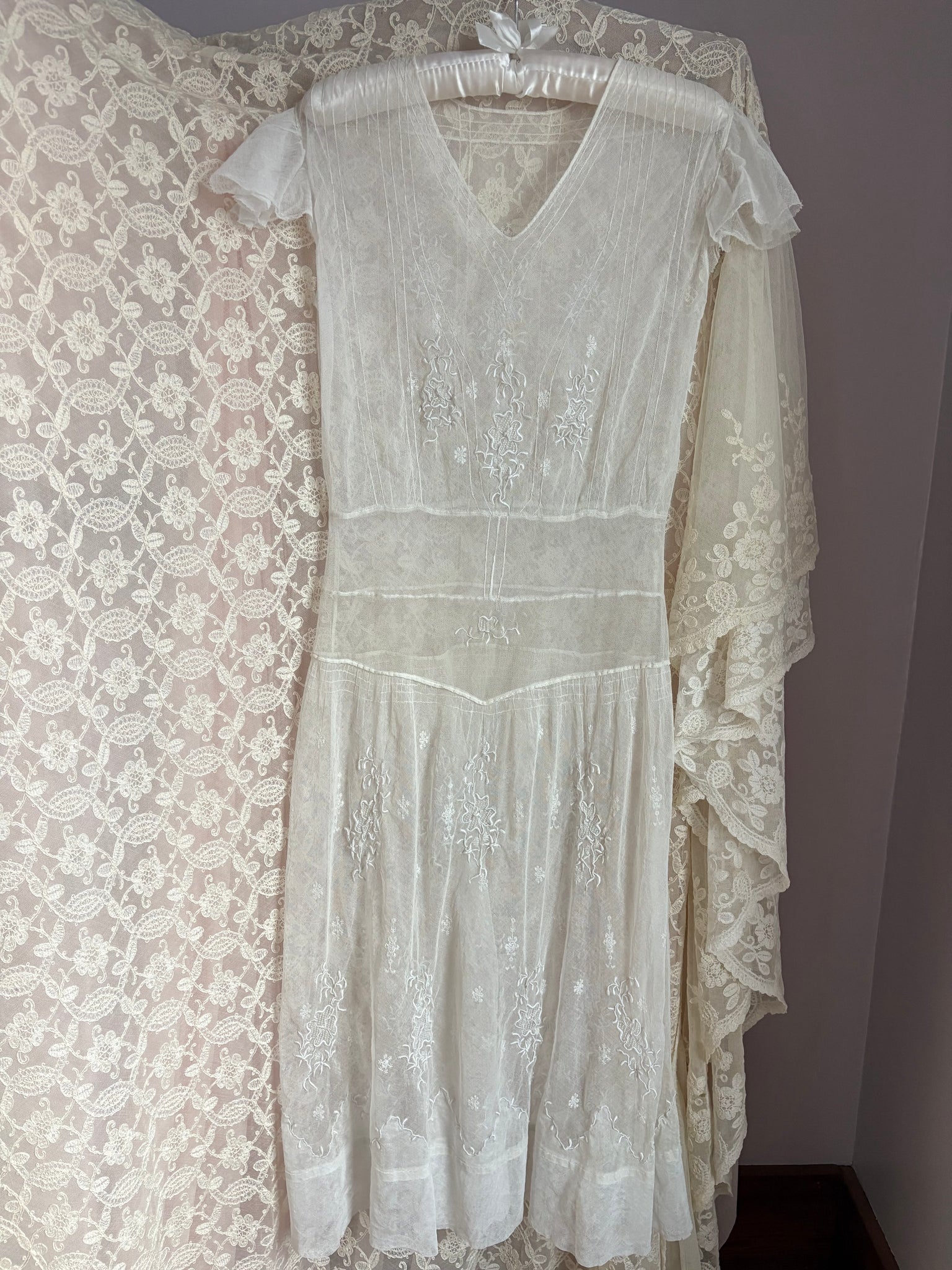 1920s White Embroidered Net Mesh Snow Flake Dress