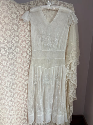 1920s White Embroidered Net Mesh Snow Flake Dress