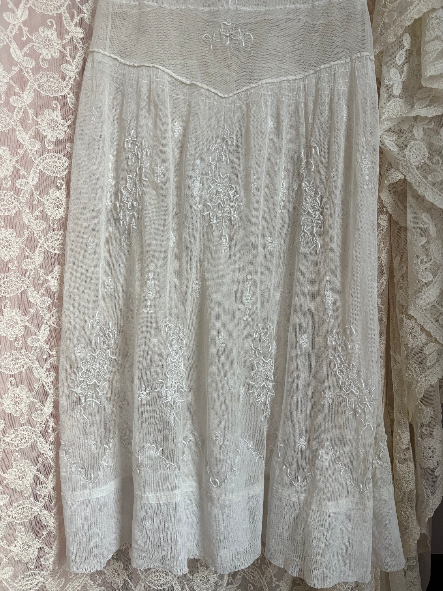 1920s White Embroidered Net Mesh Snow Flake Dress