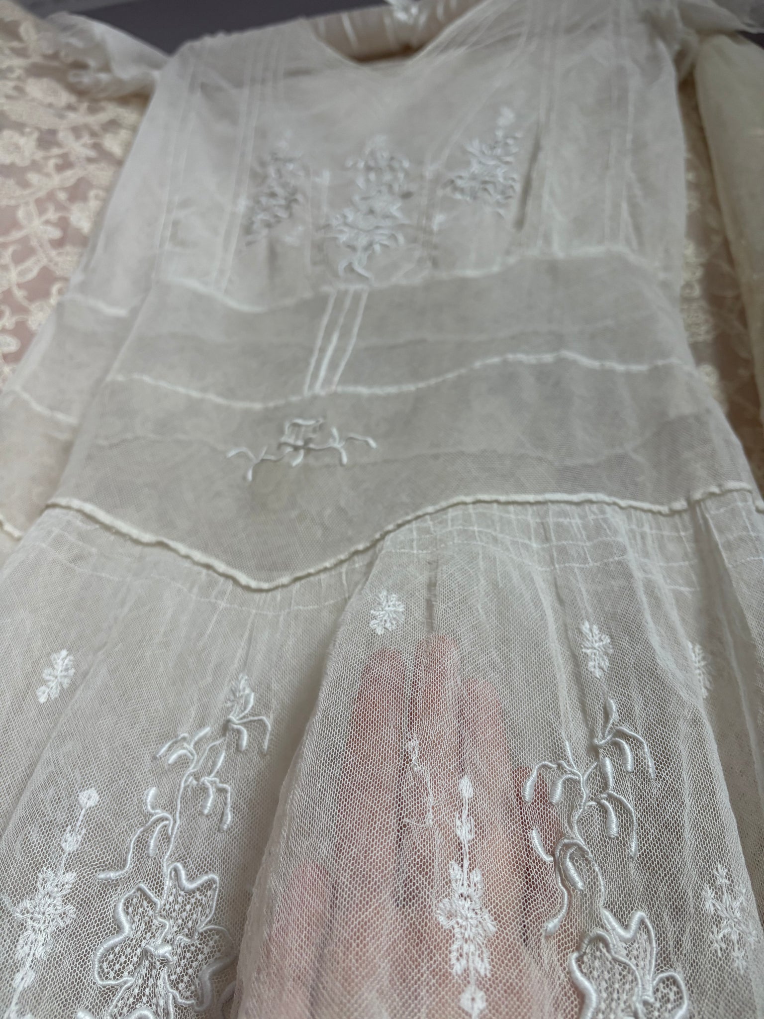 1920s White Embroidered Net Mesh Snow Flake Dress