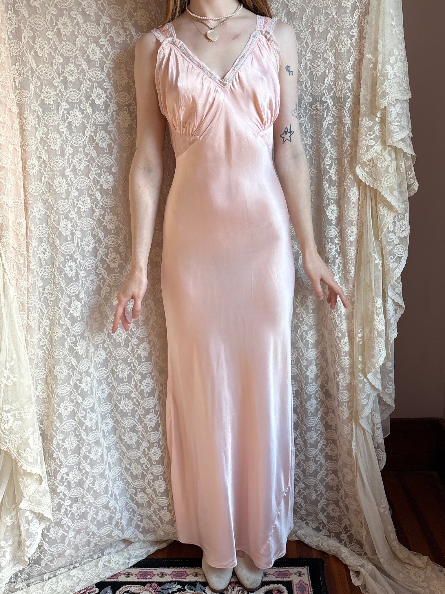 1940s “Forever Yours” Embroidered Pink Rayon Satin Bias Cut Slip Dress