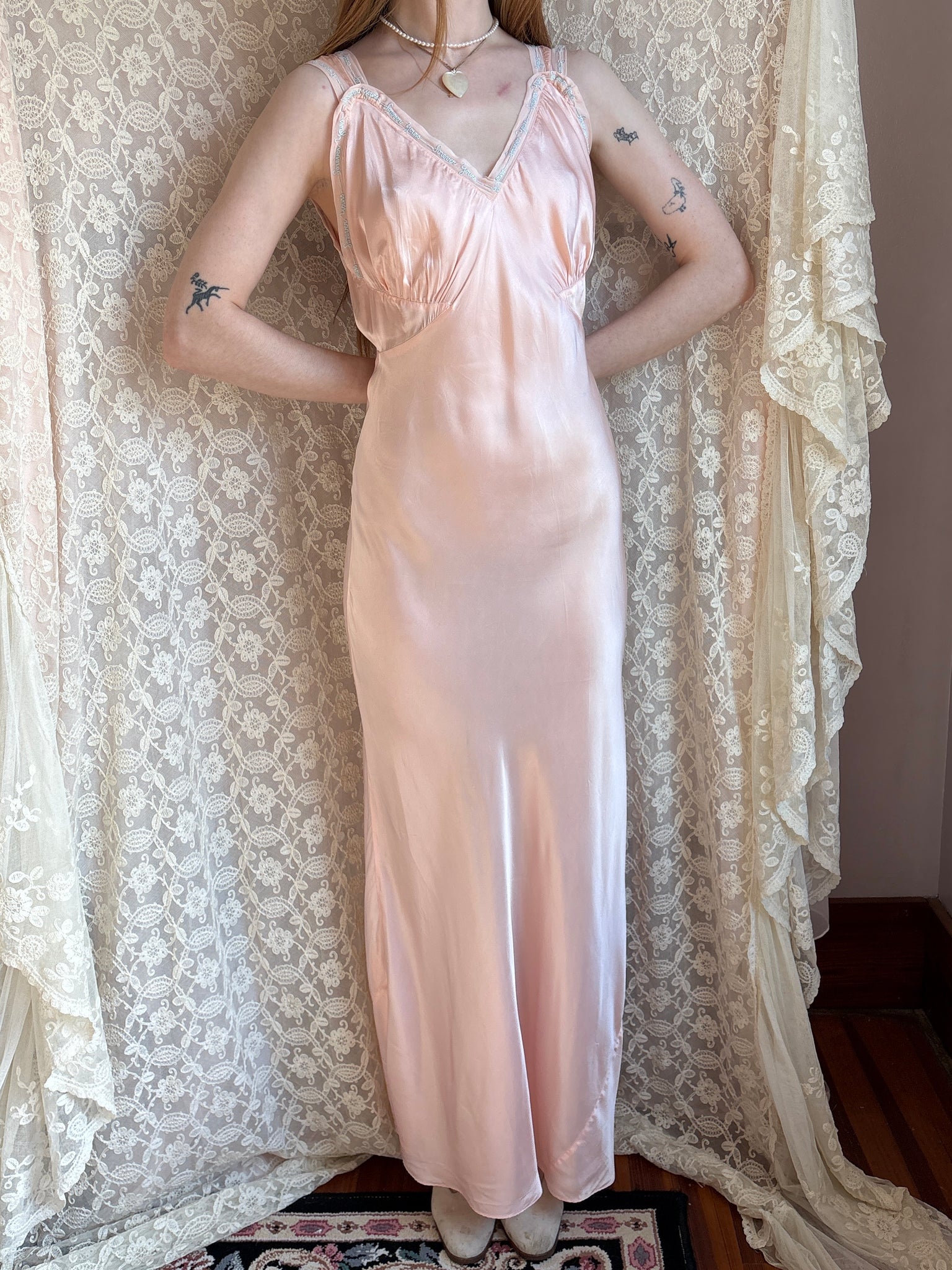 1940s “Forever Yours” Embroidered Pink Rayon Satin Bias Cut Slip Dress