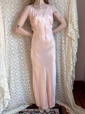 1940s “Forever Yours” Embroidered Pink Rayon Satin Bias Cut Slip Dress