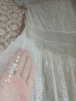 1920s White Embroidered Net Mesh Snow Flake Dress