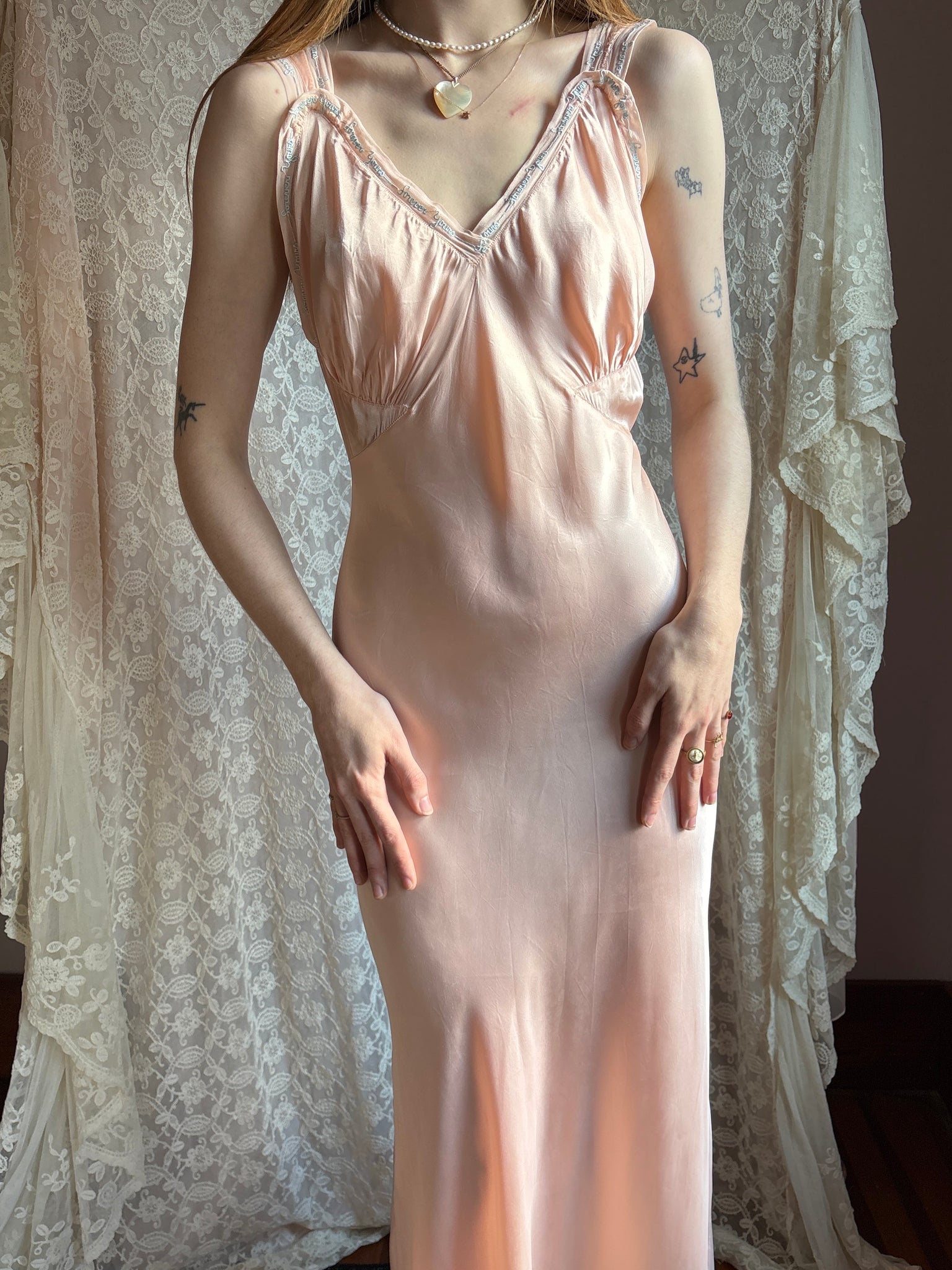 1940s “Forever Yours” Embroidered Pink Rayon Satin Bias Cut Slip Dress