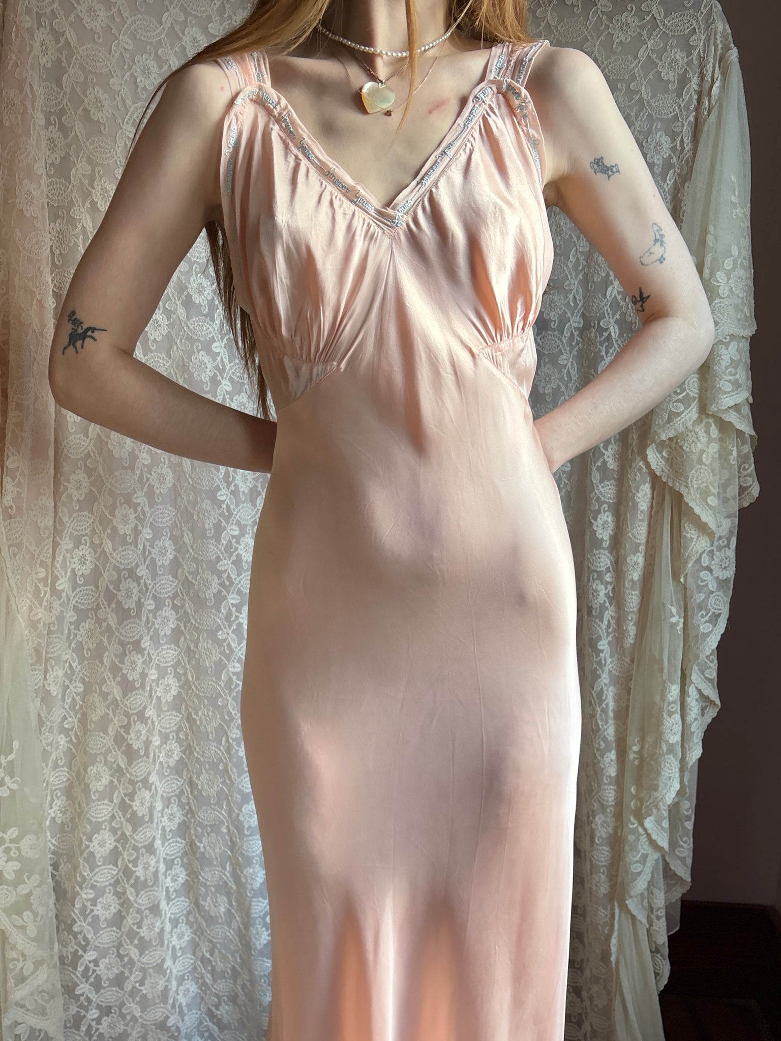 1940s “Forever Yours” Embroidered Pink Rayon Satin Bias Cut Slip Dress