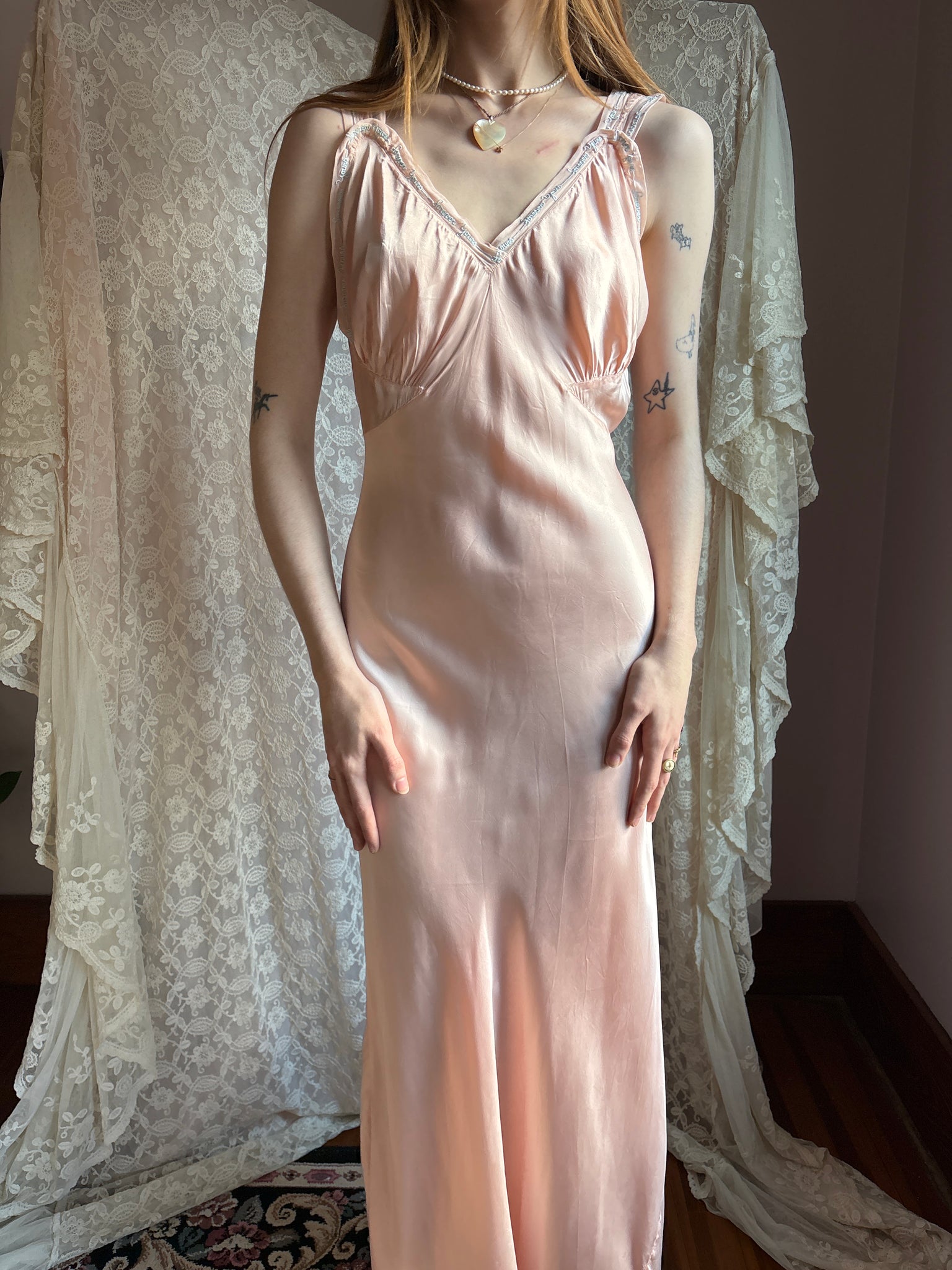 1940s “Forever Yours” Embroidered Pink Rayon Satin Bias Cut Slip Dress