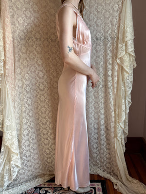 1940s “Forever Yours” Embroidered Pink Rayon Satin Bias Cut Slip Dress