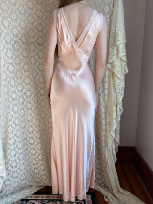 1940s “Forever Yours” Embroidered Pink Rayon Satin Bias Cut Slip Dress