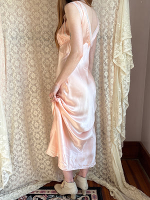 1940s “Forever Yours” Embroidered Pink Rayon Satin Bias Cut Slip Dress