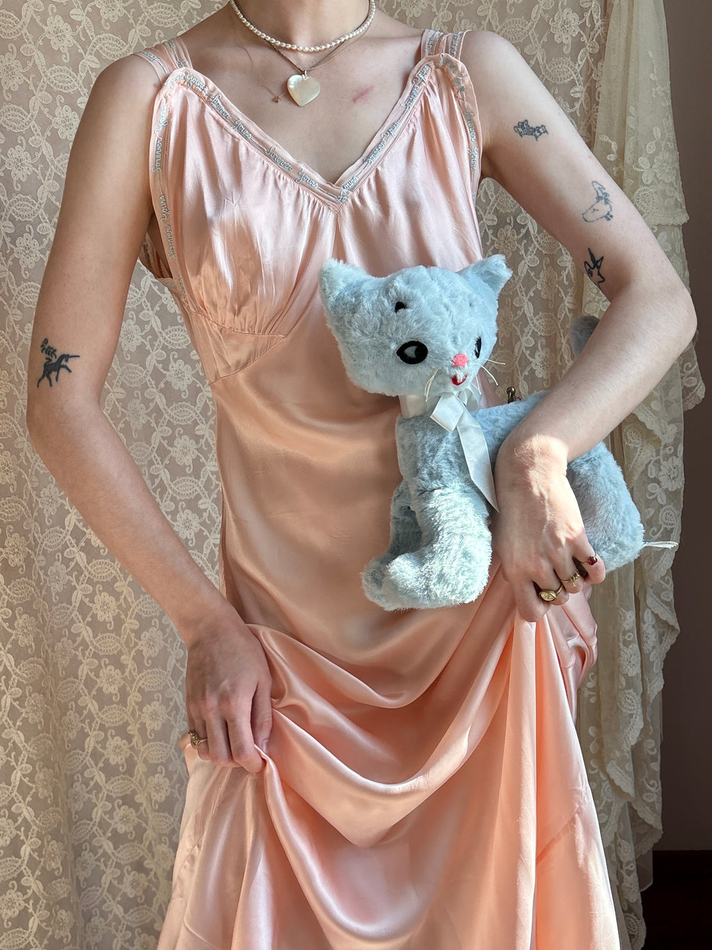 1940s “Forever Yours” Embroidered Pink Rayon Satin Bias Cut Slip Dress