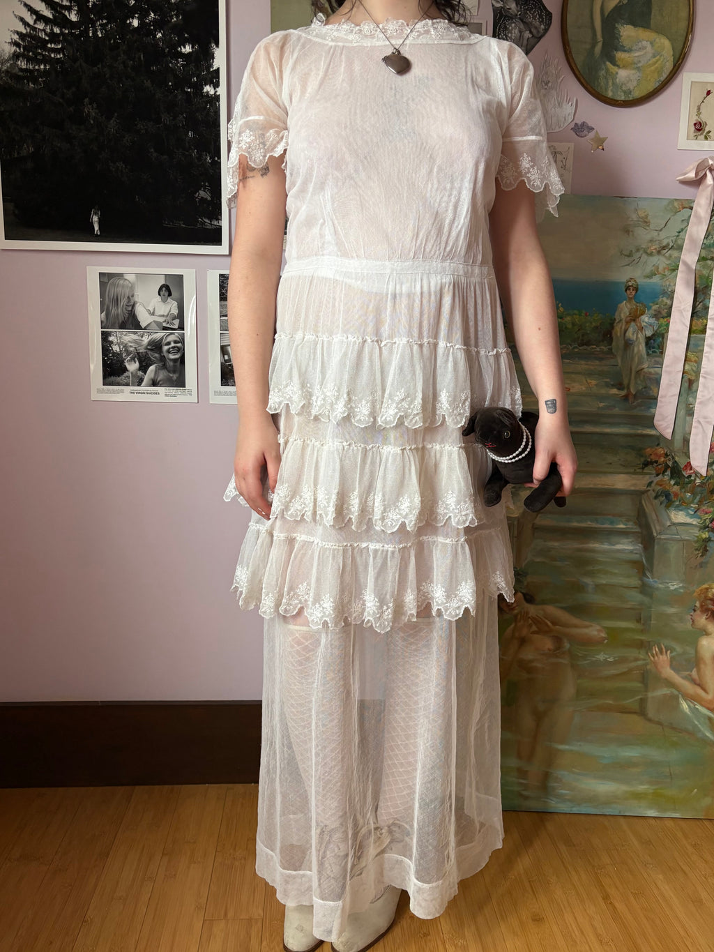 1910s White Mesh Ruffle Tiered Embroidered Dress