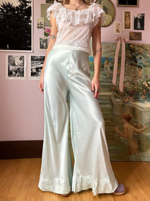 1970s Light Blue Satin Pants Wide Leg