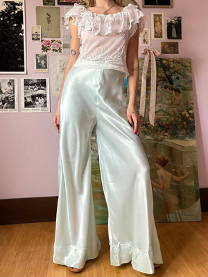 1970s Light Blue Satin Pants Wide Leg