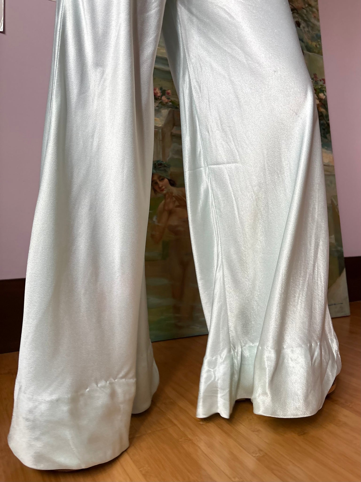 1970s Light Blue Satin Pants Wide Leg