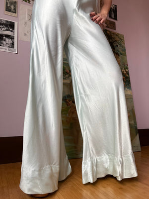 1970s Light Blue Satin Pants Wide Leg