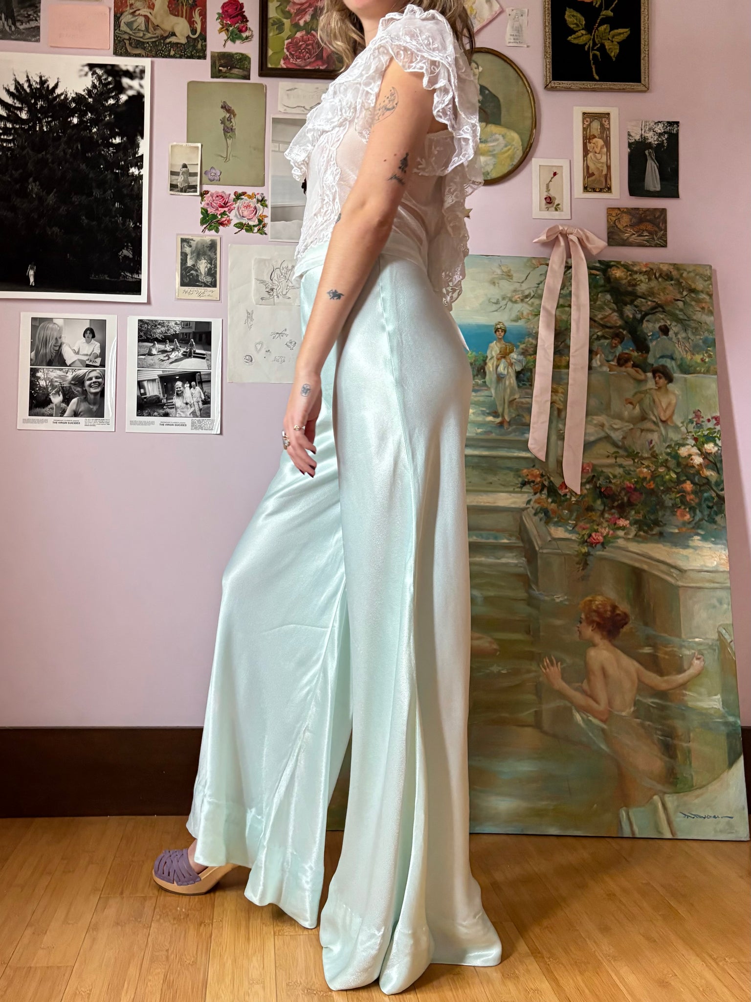 1970s Light Blue Satin Pants Wide Leg