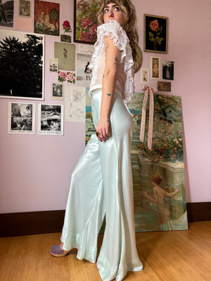 1970s Light Blue Satin Pants Wide Leg