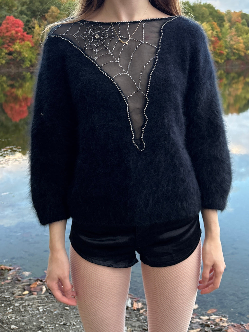 1980s Spiderweb Black Angora Fuzzy Knit Sweater Sheer Sparkle Rhinestone