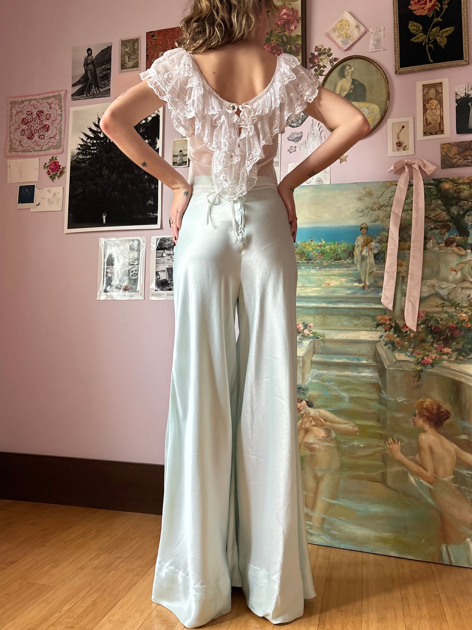 1970s Light Blue Satin Pants Wide Leg