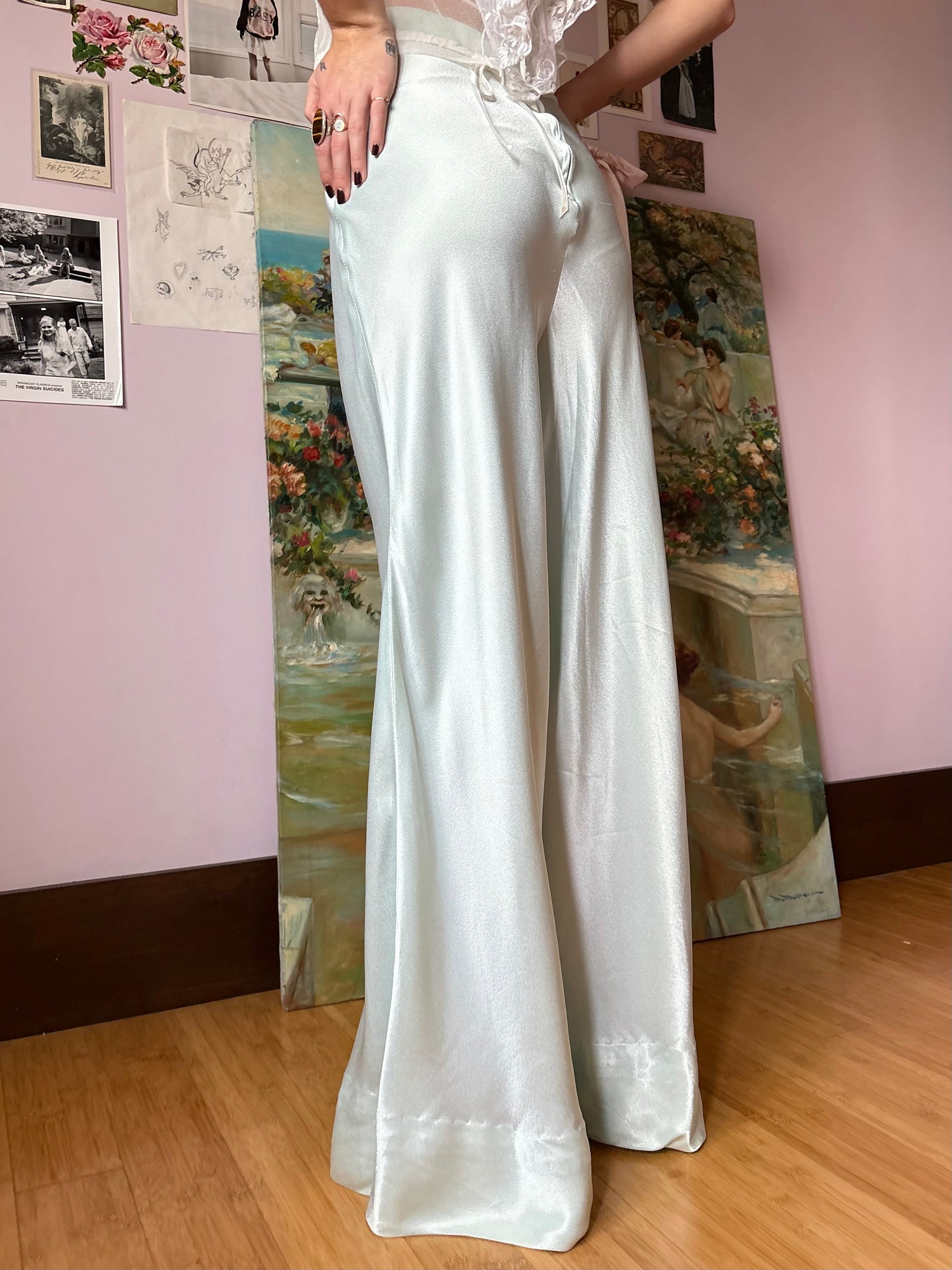 1970s Light Blue Satin Pants Wide Leg